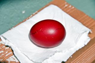 A bright red egg rests on a white paper towel.