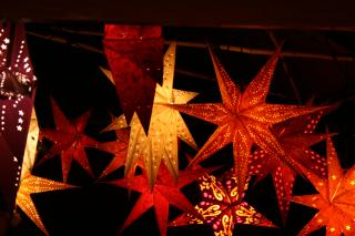 a "forest" of red and orange paper star lanterns in the dark