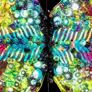 A piece of artwork in a butterfly shape, filled with textures and in the colors of the rainbow. 