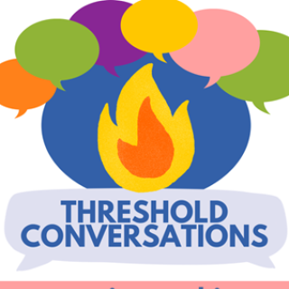Speech bubbles gather round a flame "Threshold Conversations: meaning making for the future of UU faith formation"