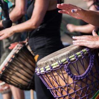 A close-up of hands beating on drums outdoors: Earthen Rhythms, a local african drumming group at the Summertime in Maitland, NSW, Australia celebration.