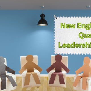 Stick figures sit in a room with a banner behind them that reads 'New England Region Quarterly Leadership Gathering' in green.
