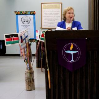 All Souls Envoy Sylvia Heap speaks at the congregation's 40th UN Sunday service