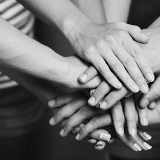 A close-up photo of the stacked hands, solidarity-style, of three people.