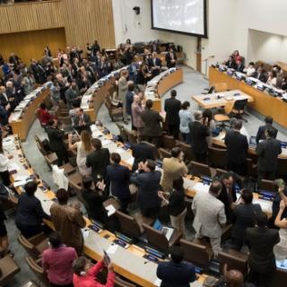 UN delegates give a standing ovation after the UN adopts a historic treaty to ban the use and testing of nuclear weapons.