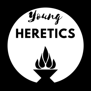 the words young heretics in black and white with a punk rock chalice