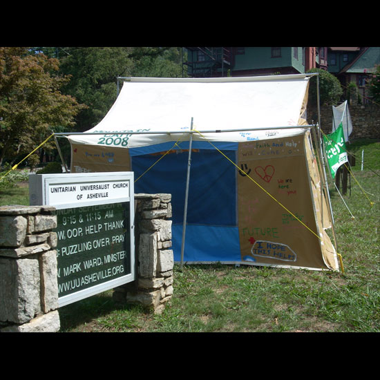 A 'Tent of Hope' for Darfur in front of the Unitarian Universalist Church of Asheville. Photo courtesy UUCA.
