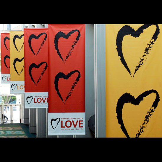 Standing on the Side of Love banners, hanging in the Salt Lake City Convention Center. Photo by Nancy Pierce.