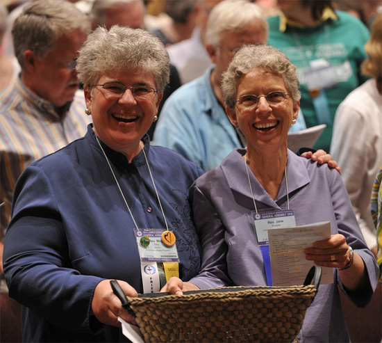The newly called minister of the Church of the Larger Fellowship, the Rev. Meg Riley, and the recently retired minister, the Rev. Dr. Jane Rzepka. 2010 General Assembly CLF Worship. Photo by Nancy Pierce.