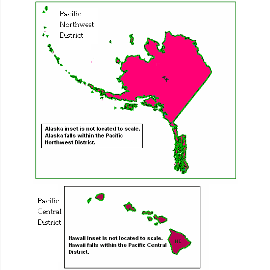Map of Alaska (UUA Pacific Northwest District) and Hawaii (UUA Pacific Central District) 
