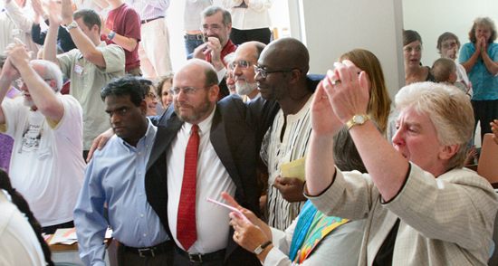 Jubliant worship leaders at TVUUC. Karen Krough of Tenneessee Valley UU Church