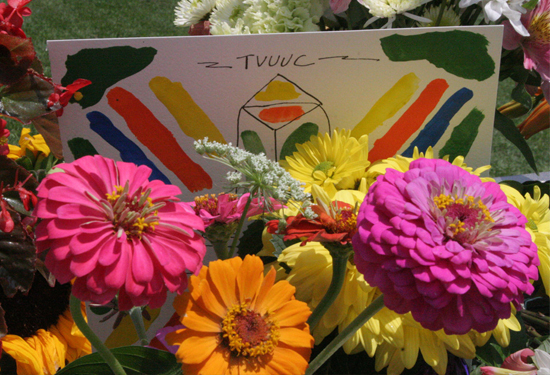 Flower altar at TVUUC rededication. Karen Krough of Tenneessee Valley UU Church