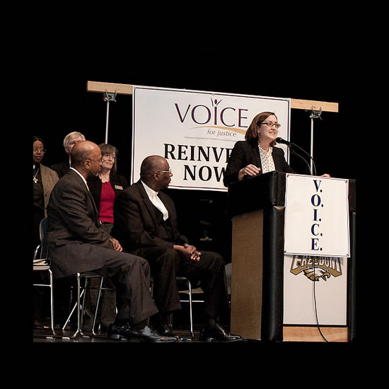 Rev. Mary McDonald Ladd, of Bull Run UUs, speaks at the VOICE event 10/30/11. Photograph by Todd Parola.