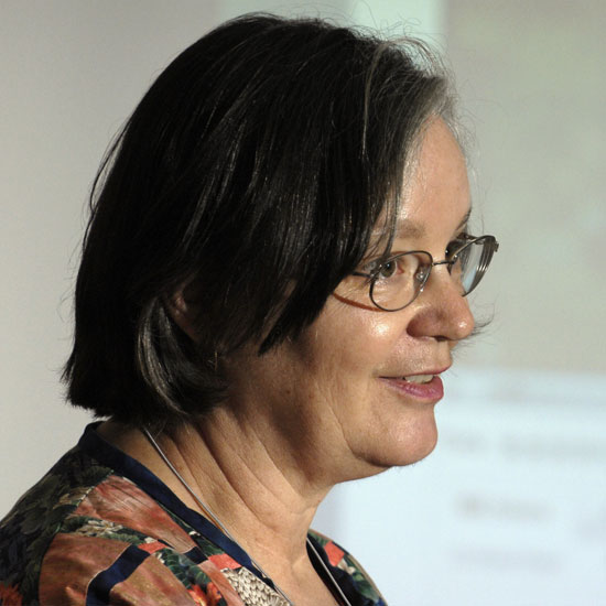 Christine Robinson, smiling as she listens to a question. Photo by Nancy Pierce.