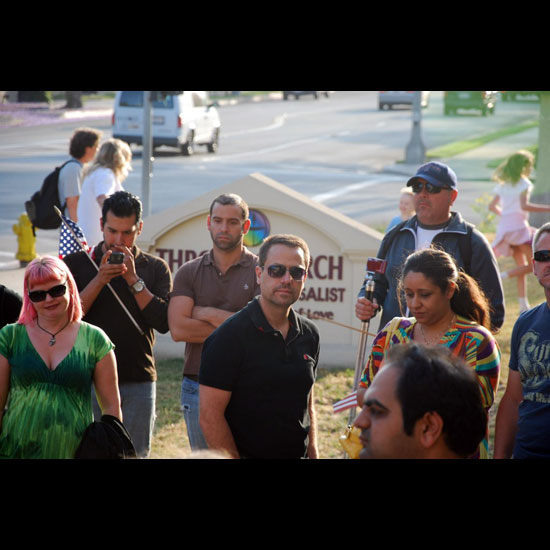 People gather outside Throop Church in Pasadena, CA, preparing to rally for marriage equality. Photo by Clyde Grubbs.