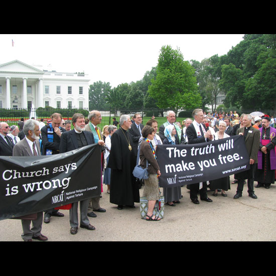 Clergy gathered in front of the White House with anti-torture banners like: 'The truth will make you free.' Photo by Alex Winnett/UUA.
