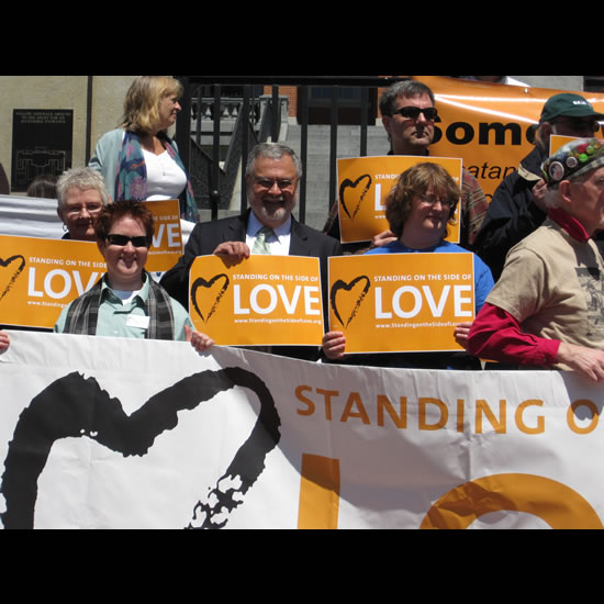 Peter Morales with UUA staff and SSL supporters at press conference, May 13, 2010. Photo by Audra Friend.