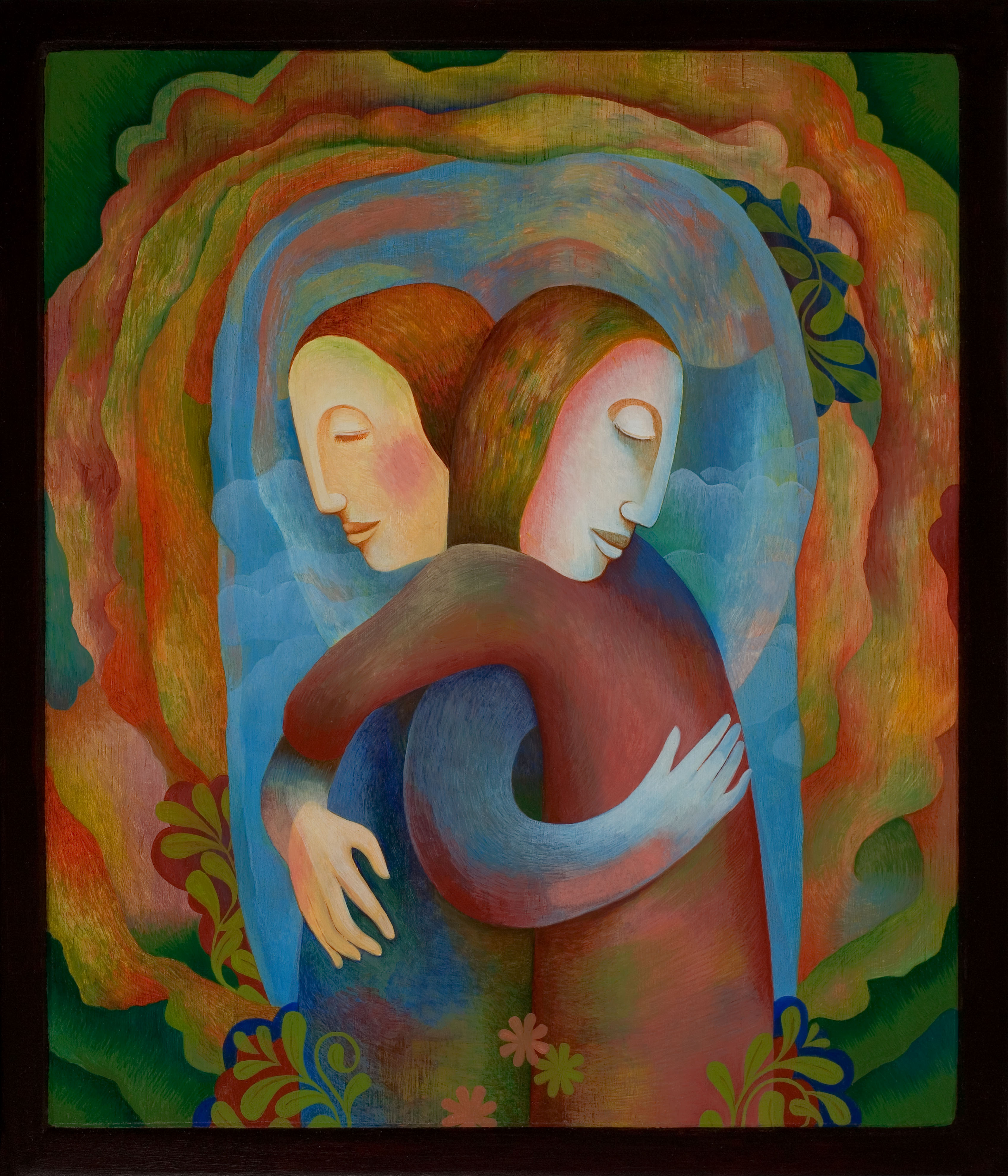 A painting of two people hugging each other to illustrate grief.