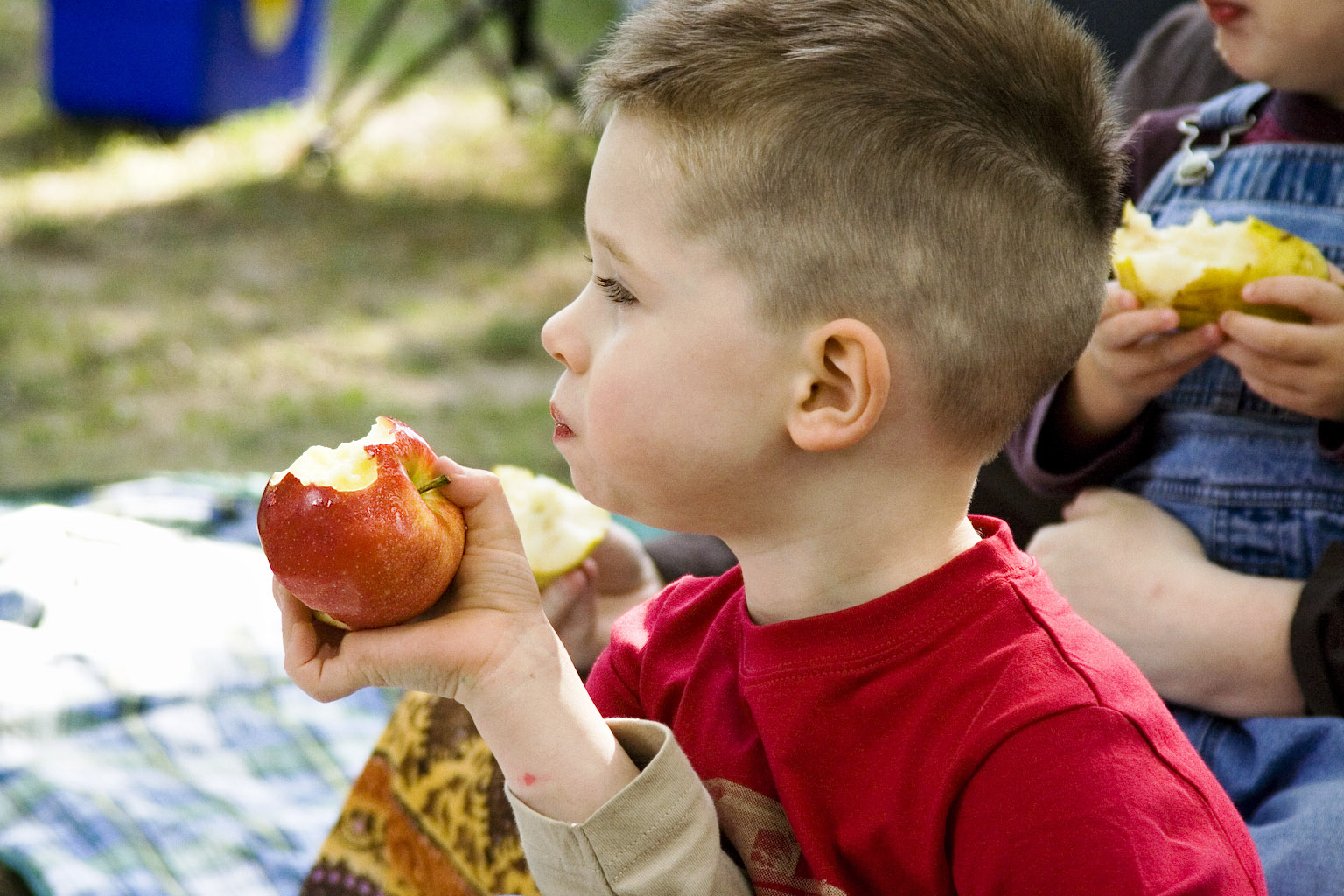 A young child holding and eating an apple