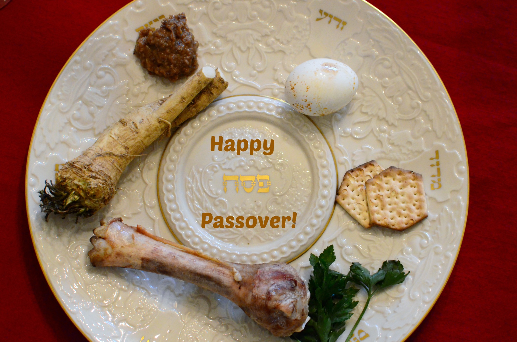 Traditional Pesach items arranged on a seder plate