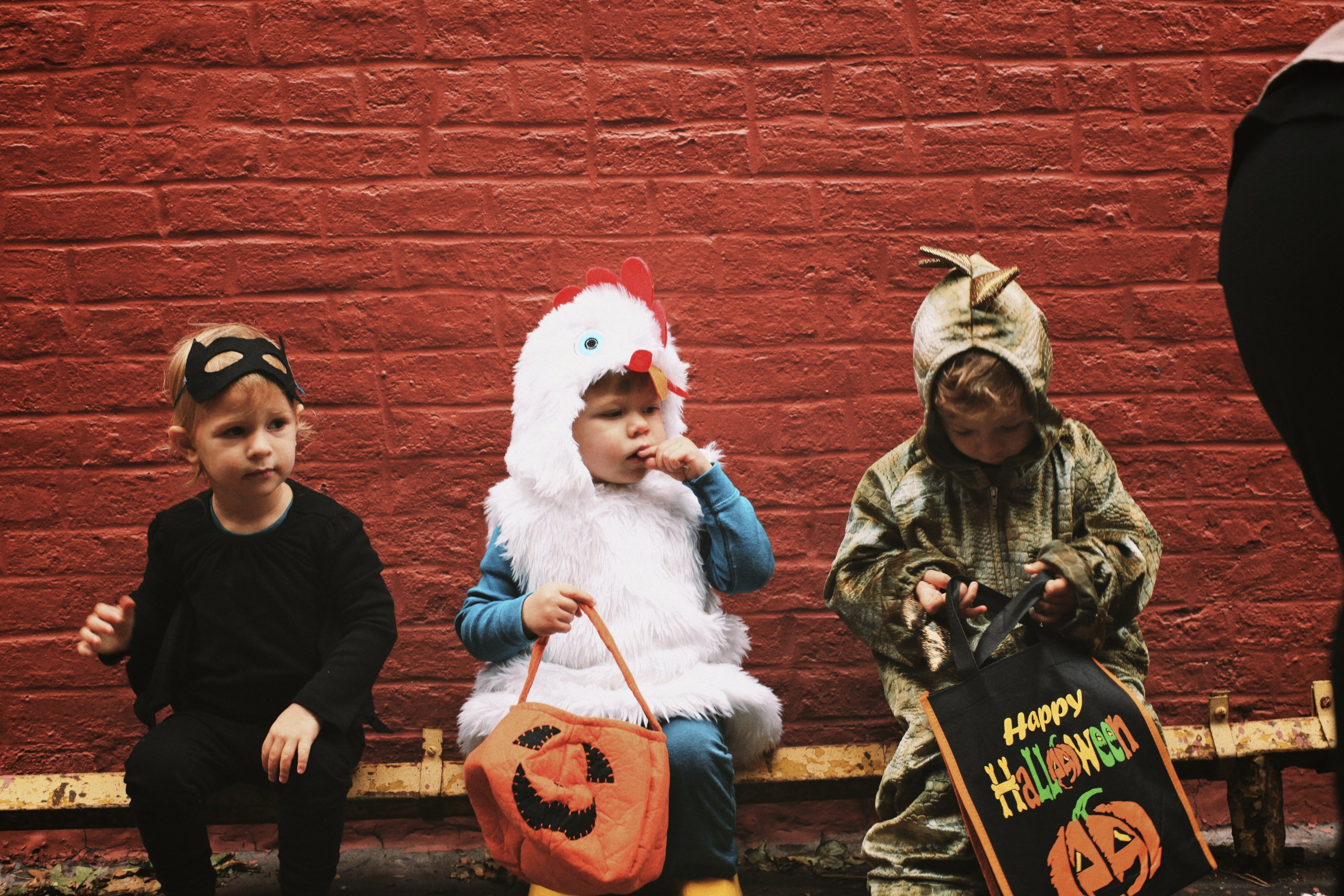 Three small children sit, in costumes (including a chicken and a dinosaur) while snacking on Halloween candy.