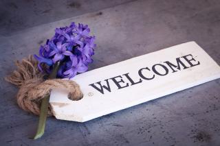 Welcome on a wooden tag attached to a hyacinth