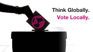 Hand casting ballot next to words "Think Globally. Act Locally."