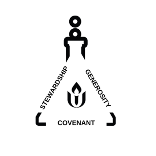 Line drawing of chemistry beaker build from "Stewardship" "Covenant" and "Generosity" labeled with UUA logo