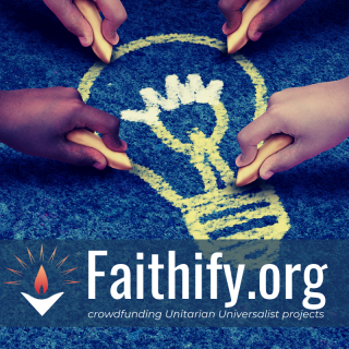 image: Four hands holding sidewalk chalk draw a lightbulb symbol on a blue concrete background. text reads, "Faithify, crowdfunding Unitarian Universalist projects."