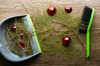 A whisk and dustpan filled with dry twigs, fallen spruce needles, and broken Christmas ornaments