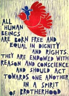  An artistic interpretation of the first article of the Universal Declaration of Human Rights, depicting a bird flying with a person on its back and the text “All Human Beings are born free and equal in dignity and rights. They are endowed with reason and conscience and should act towards one another in a spirit of brotherhood”