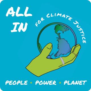 2020 Spring Seminar logo showing a hand holding the earth, surrounded by the words "All In for Climate Justice: People, Power, Planet"