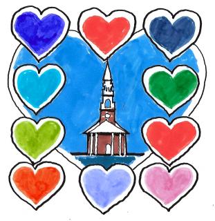 An illustration of a white-steepled, New England church inside of a blue heart, surrounded by a square of ten smaller hearts.