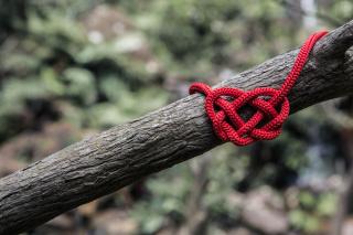 red heart made of yarn on a tree