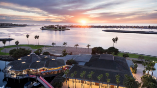 Sunset over Mission Bay, Hyatt hotel in foreground