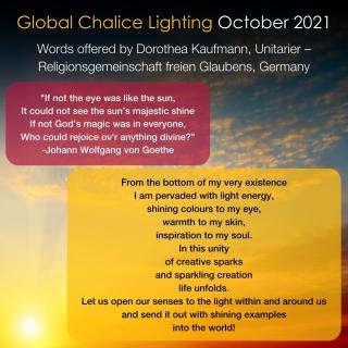 The words of the English translation of the October 2021 global chalice lighting from ICUU, with text in red and yellow boxes, with a photo in the background showing a sunrise.