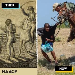 Comparison of a historical etching of slaveholder on horseback with a whip poised above an enslaved person and a recent photograph of border patrol on horseback pursuing an asylum seeker