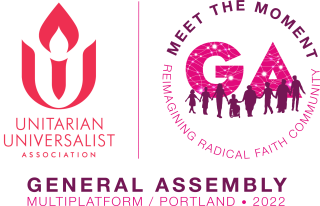 The General Assembly logo, featuring the red UUA chalice to the left. The GA theme “Meet the moment: Reimagining radical faith community” is arranged in a circle. Pink letters GA are in the center, with a white web decoration to represent the World Wide Web connecting our multi platform event. In front of the letters GA, there is a purple silhouette of eight people holding hands. The persons depicted are of of varying shapes and sizes.