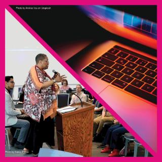 a split image of a lecturer at an in-person workshop and a laptop being opened
