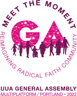 The General Assembly logo, featuring the theme arranged in a circle. The theme is: “Meet the moment: Reimagining radical faith community”. Pink letters GA are in the center, with a white web decoration the represent the World Wide Web connecting our multi platform event. In front of GA, there is a purple silhouette of eight people holding hands. The persons depicted are of varying age, shapes and sizes.