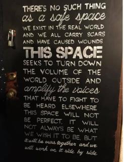 photo of door of The Space, Phoenix, AZ, Facebook with words of Beth Strano’s untitled poem about safe spaces