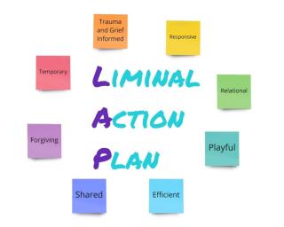 Liminal Action Plan: Trauma and Grief Informed, Responsive, Relational, Playful, Efficient, Shared, Forgiving, Temporary. White background, with colored squares with words on them