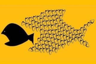 A group of "Standing on the Side of Love" hearts gathered in the shape of a big fish about to eat a smaller fish. (Riffing off a classic community organizing meme.)