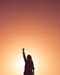 Against a strong sun, the silhouette of a person in a strong stance with a raised fist.