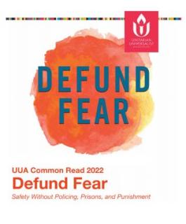 Defund Fear book title on orange graphic background with UUA logo