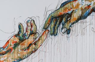 A vibrant pen-and-ink sketch of two hands reaching for one another.