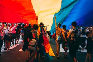 A group of people, backs to the camera, walk holding a giant rainbow flag under their heads, as if in the middle of a Pride parade.