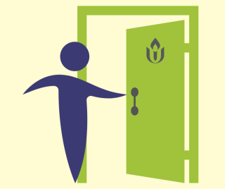 Stylized graphic of a welcoming person in front of an open door with a UU Chalice on it