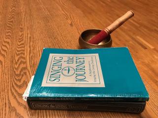 Singing the Journey turquoise hymnal and singing bowl
