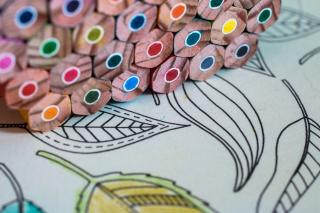 A stack of coloring pencils sitting on coloring page that is contains outlines of leaves that are partially colored in